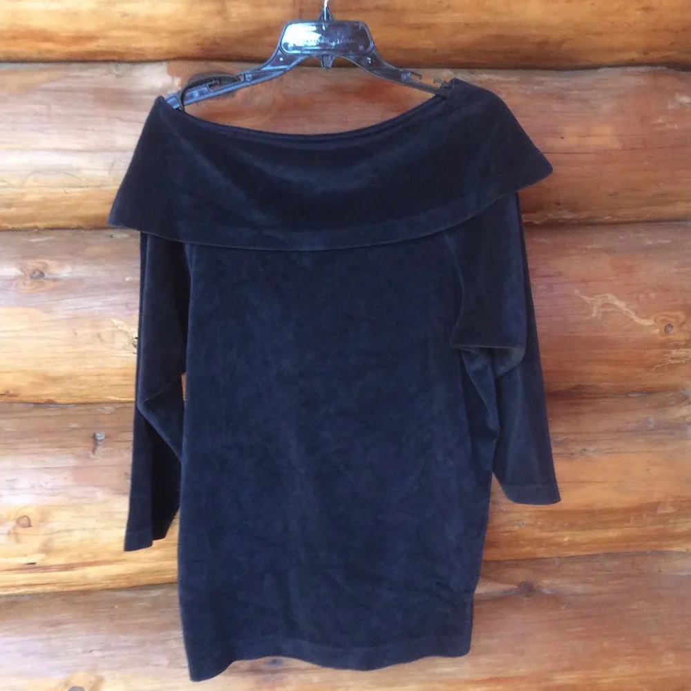 Vintage Dark Blue Velvet Bardot Fold Over Retro Top Size Medium* - Picture 2 of 3